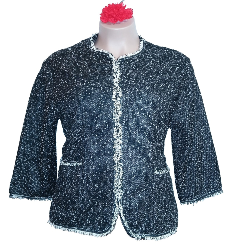 Max Studio Tweed Women Short Jacket Blazer 2X Black White Work Modest Fringe
